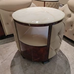 Round Marble-Top SideTable with Diamond-Tufted Leather Body, Open Shelf and Single Drawer